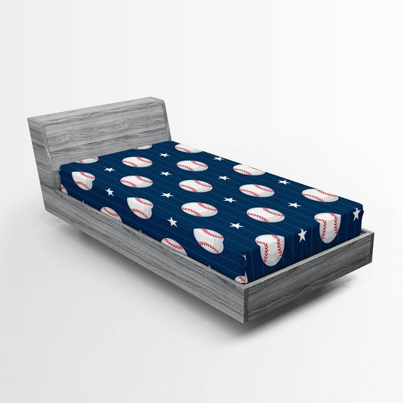 Ambesonne Sports Fitted Sheet, Baseball Stripes, Twin XL Size, Night Blue Red White