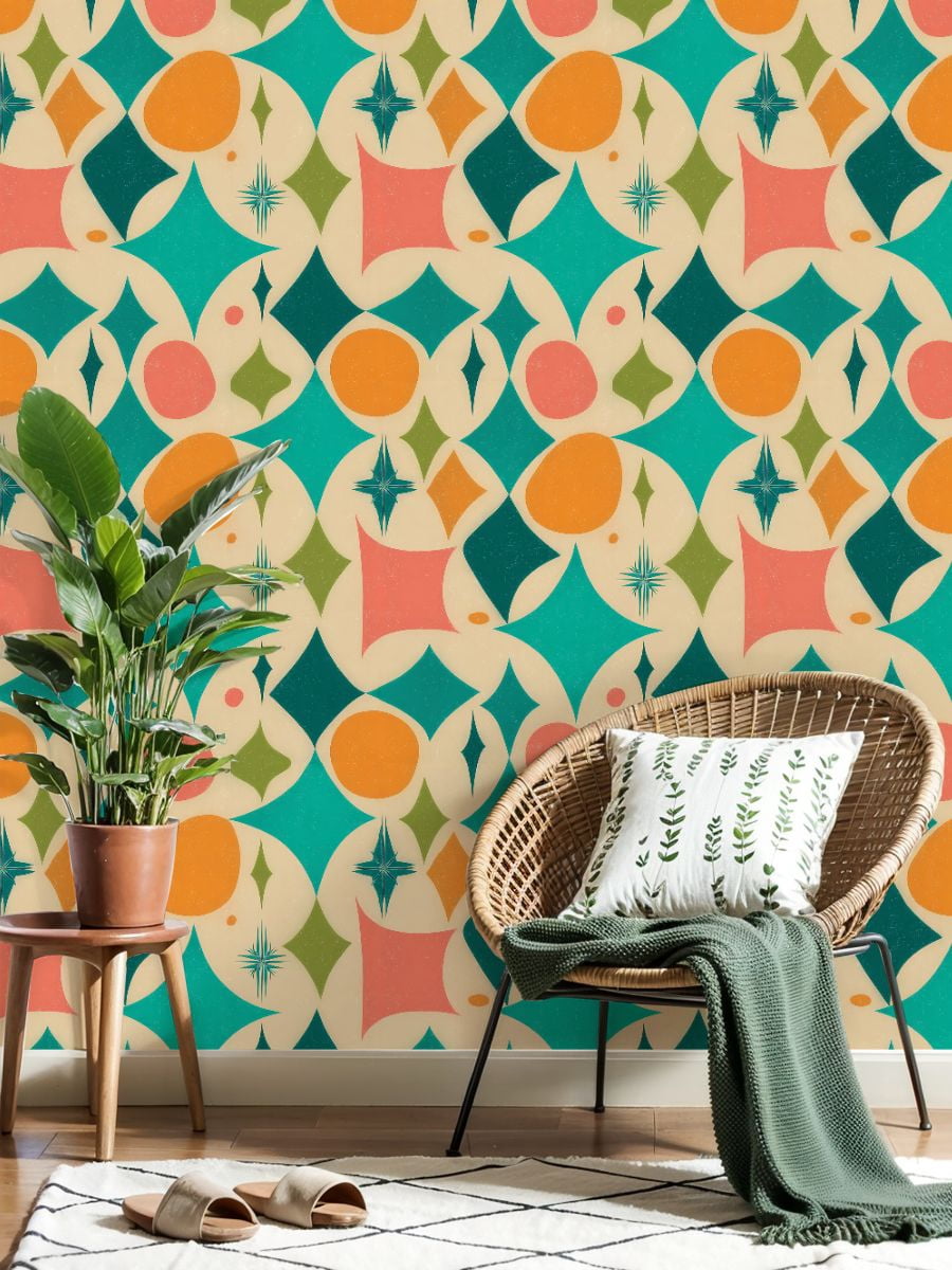 Peel and Stick Wallpaper Mid Century Modern retro stars Wall Mural 17.7in x 9.8ft Self Adhesive Removable Wall Paper Renter Friendly Wallpaper for Bedroom Nursery