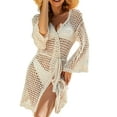 thumbnail image 2 of hirigin Women Fashion Bikini Cover-Ups Wide Sleeve Solid Color Hollow-Out Blouses Knitted Crocheted Beach Dress with Waist Belt, 2 of 9
