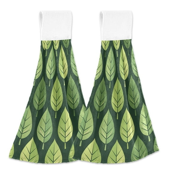 2 Pcs Cartoon Green Leaves Row Kitchen Hand Towels with Hanging Loops Absorbent Soft Fast Drying Decor Bath Towels