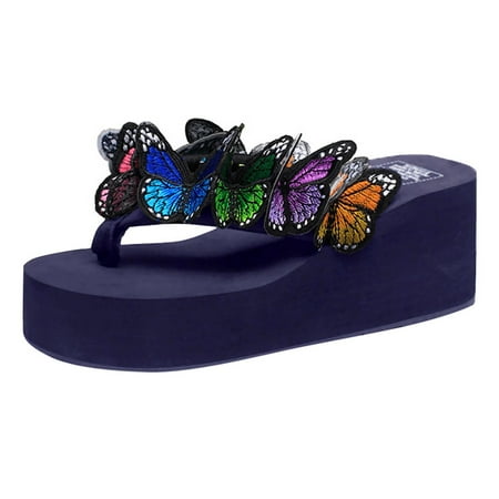 OJSFQUFP Womens Comfort Sandals Women Girls Butterfly Floral Wedges Flip Flops Sandals Slippers Beach Shoes Soft Sole Outdoor Beach Shoes Wide Slippers for Women Blue 38