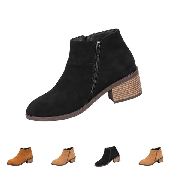 Womens Block Heel Short Boots Square Toe Side Zipper Retro Matte Suede Surface Casual Ankle Booties