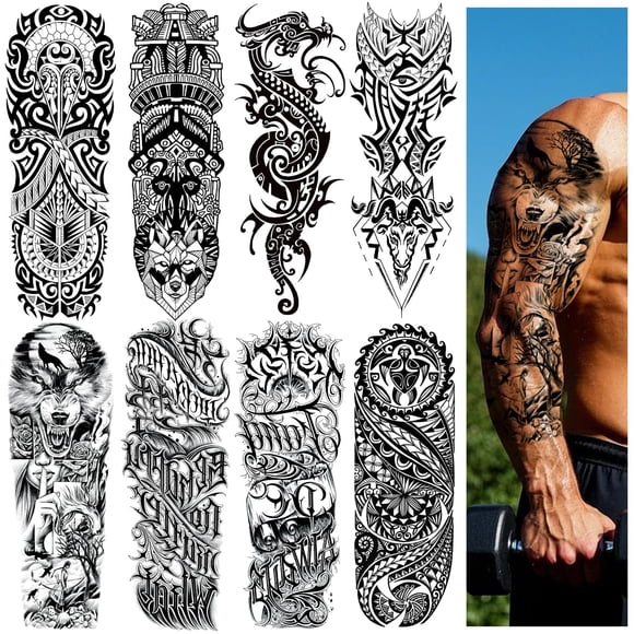 8 hojas de tatuajes temporales de brazo completo negro para hombres adultos Temp Military Tatuajes manga para mujeres Tótem impermeable cuerpo brazo pecho hombro tortuga dragón falso tatuaje pegatinas