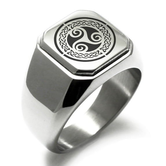 Stainless Steel Celtic Triskele Triskelion Triple Knot Engraved Square Flat Top Biker Style Polished Signet Ring