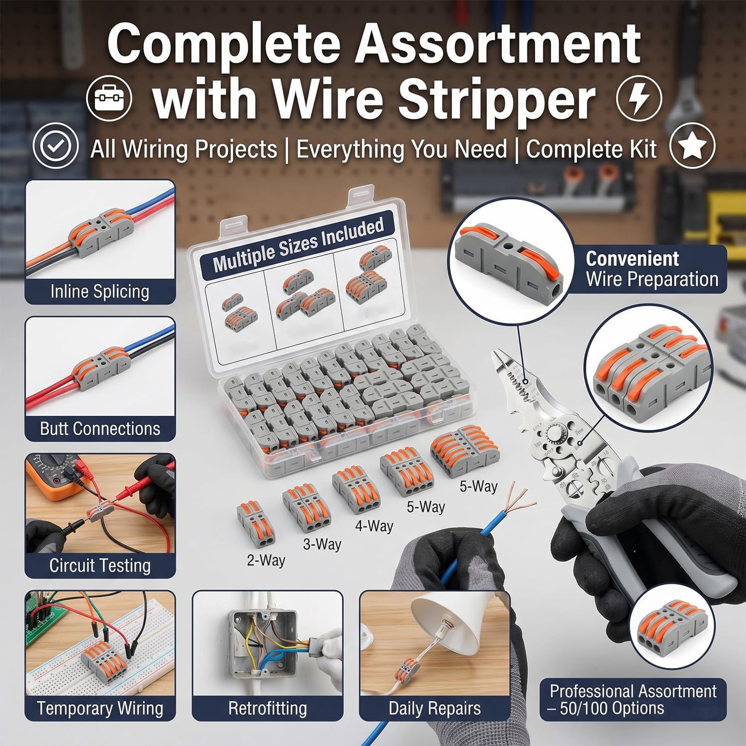 Universal Quick Lever Electrical Wire Connectors, 24-12 AWG 50/100Pcs Kit – Push-In Wire Splice, 1 in 1 Out, with Stripper