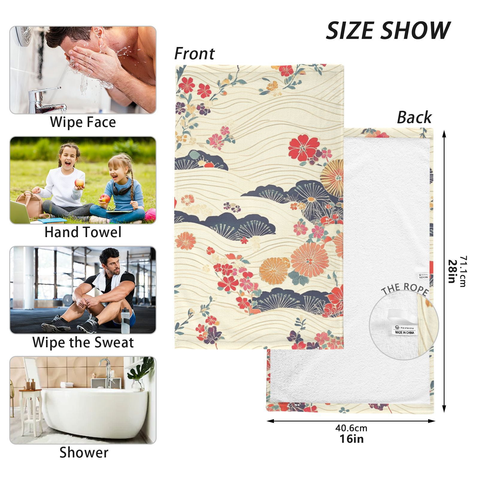 Bohemia Lines Flowers Hand Towels Cotton Bath Towels Large Face Towels Absorbent for Bathroom 2 Packs