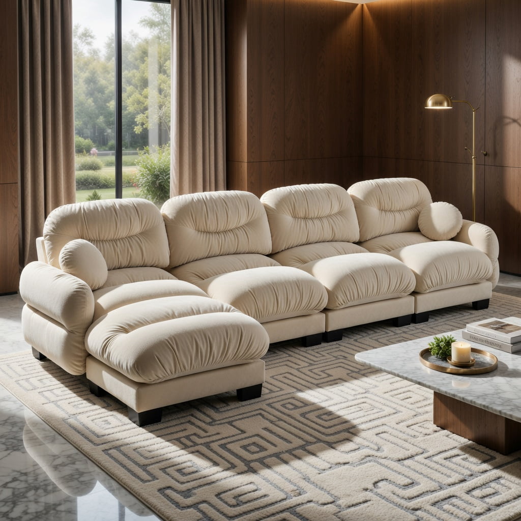 Hommoo Chenille 4-Seat L-Shaped Modular Sectional Sofa with Ottoman, Ergonomic High-Density Foam Cushions, Curved Armrests & 2 Round Throw Pillows, Pleated Back Design, Beige