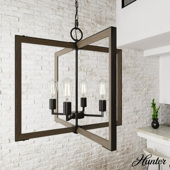 Hunter - Woodburn 4-light Noble Bronze, Extra Large Pendant Light, Dimmable, Modern Style, Rectangle Shaped, for Bedrooms, Dining, Living Rooms - 19808