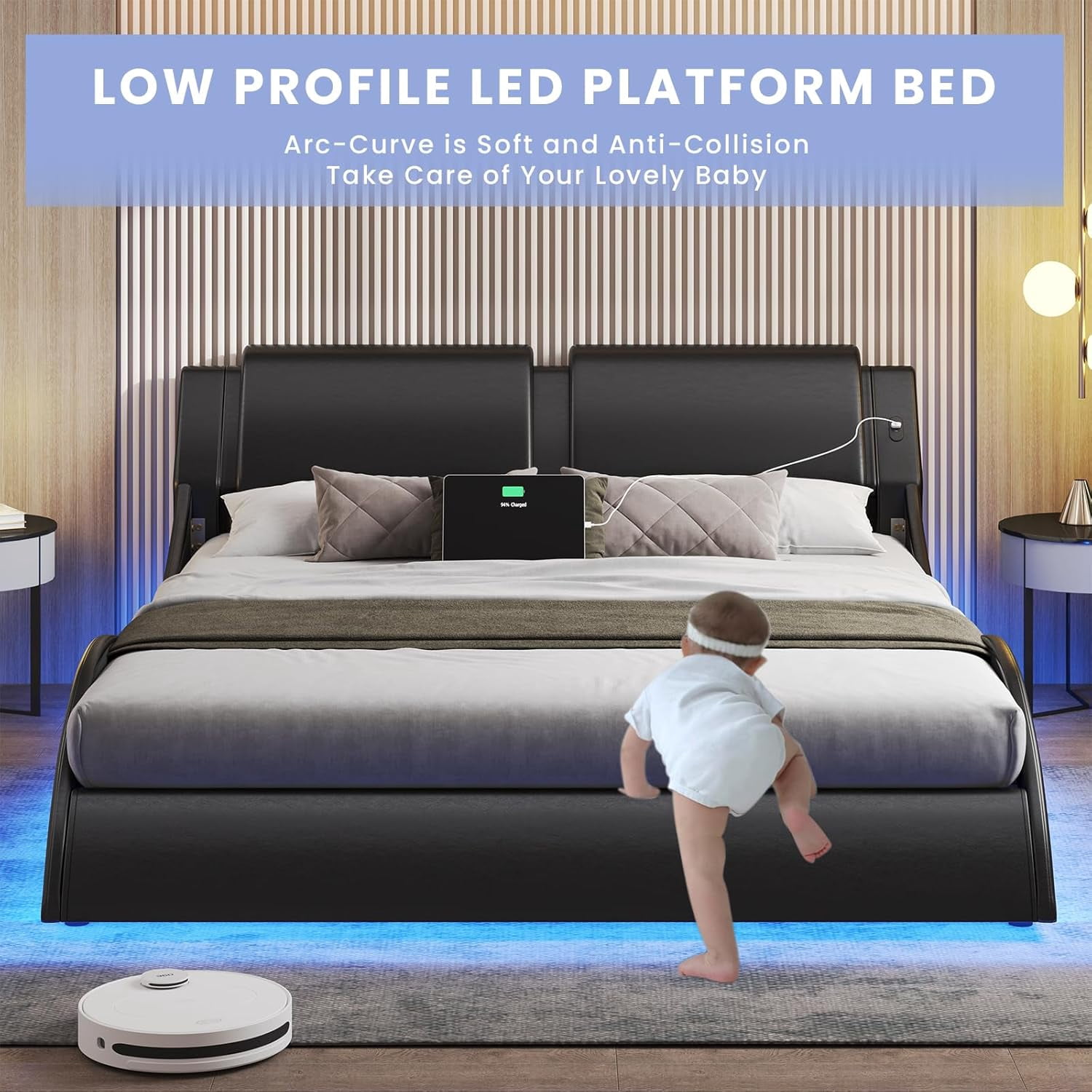 Queen Bed Frame with RGB Led Lights & Charging Ports,Modern Faux Leather Upholstered Platform Bed with Headboard Wave Like Curve Low Profile Bed,Wood Slats Support,Squeak Resistant,Black