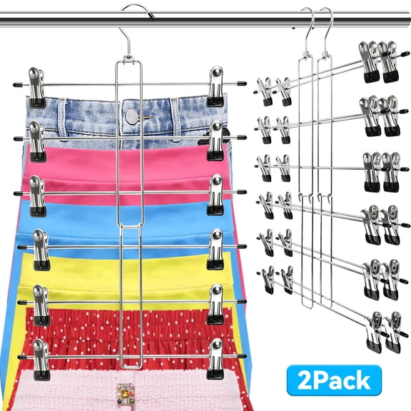 INCTUO 4 Pack Pants Hangers with Clips,Space Saving Hanging Closet Organizer-6 Tiers Skirt Hangers with 360° Swivel Hook,Closet Organizer-Clothes Hangers- College Dorm Essentials Apartment Essentials