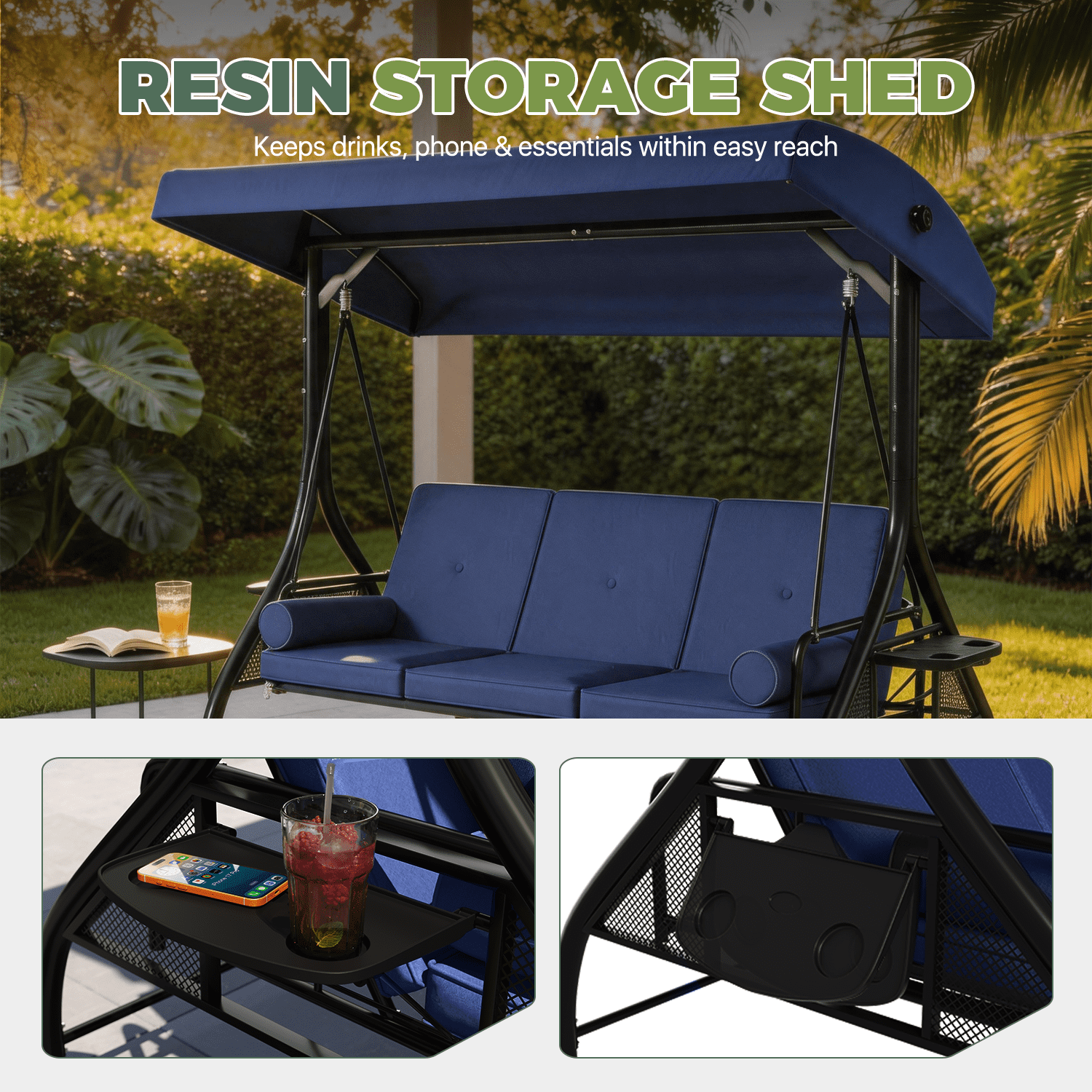 BaPiPro 3-Seat Metal Patio Swing with Adjustable Canopy, Cushions, Foldable Side Table, 2-in-1 Design for Patio, Garden, Porch, Blue