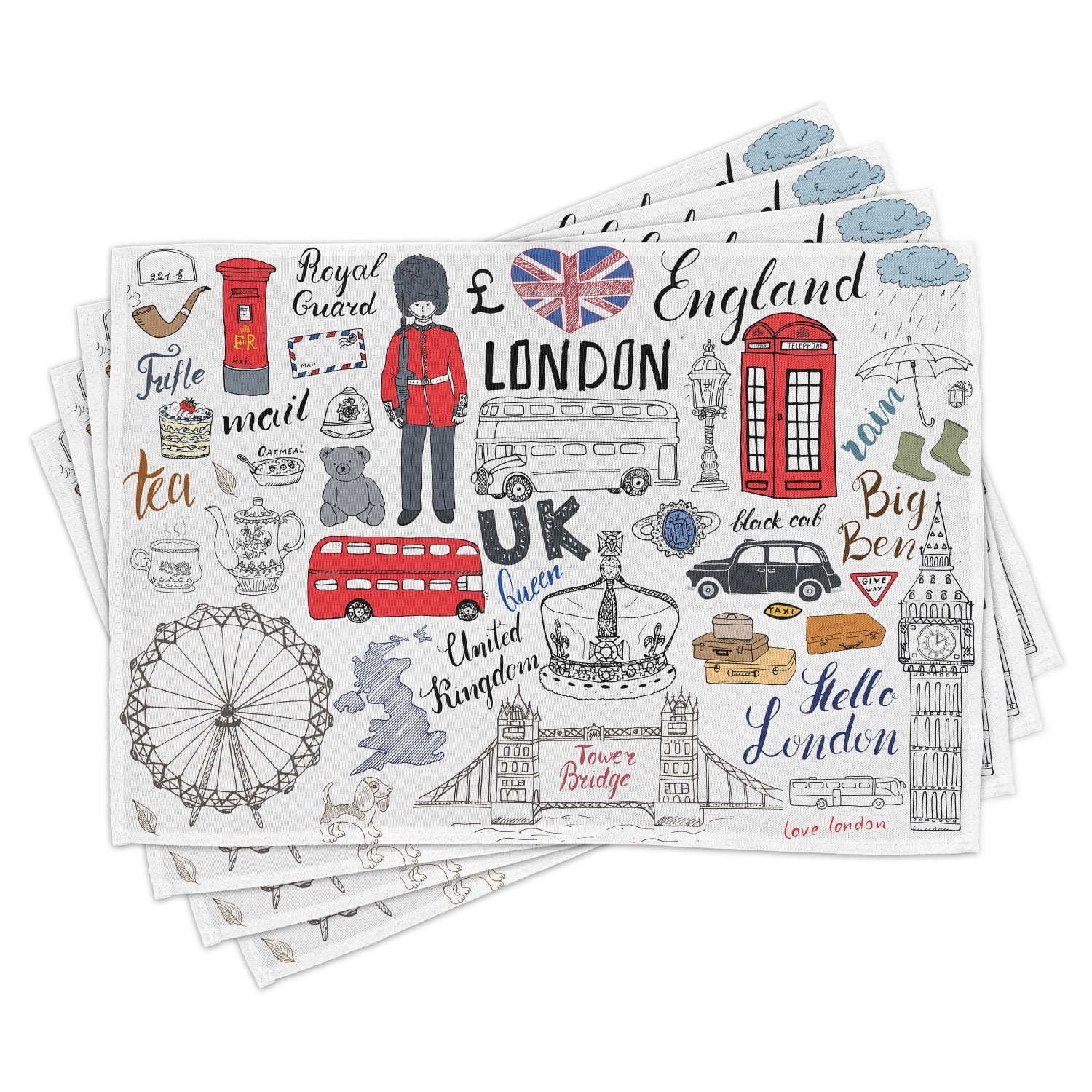 Doodle Placemats Set of 4 I Love London Double Decker Bus Telephone