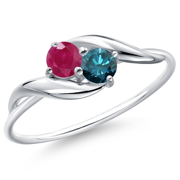 Gem Stone King 10K White Gold Round Red Ruby and Blue Diamond Ring for Women (0.40 Cttw, Round 3.5MM, Gemstone July Birthstone, Size 6)