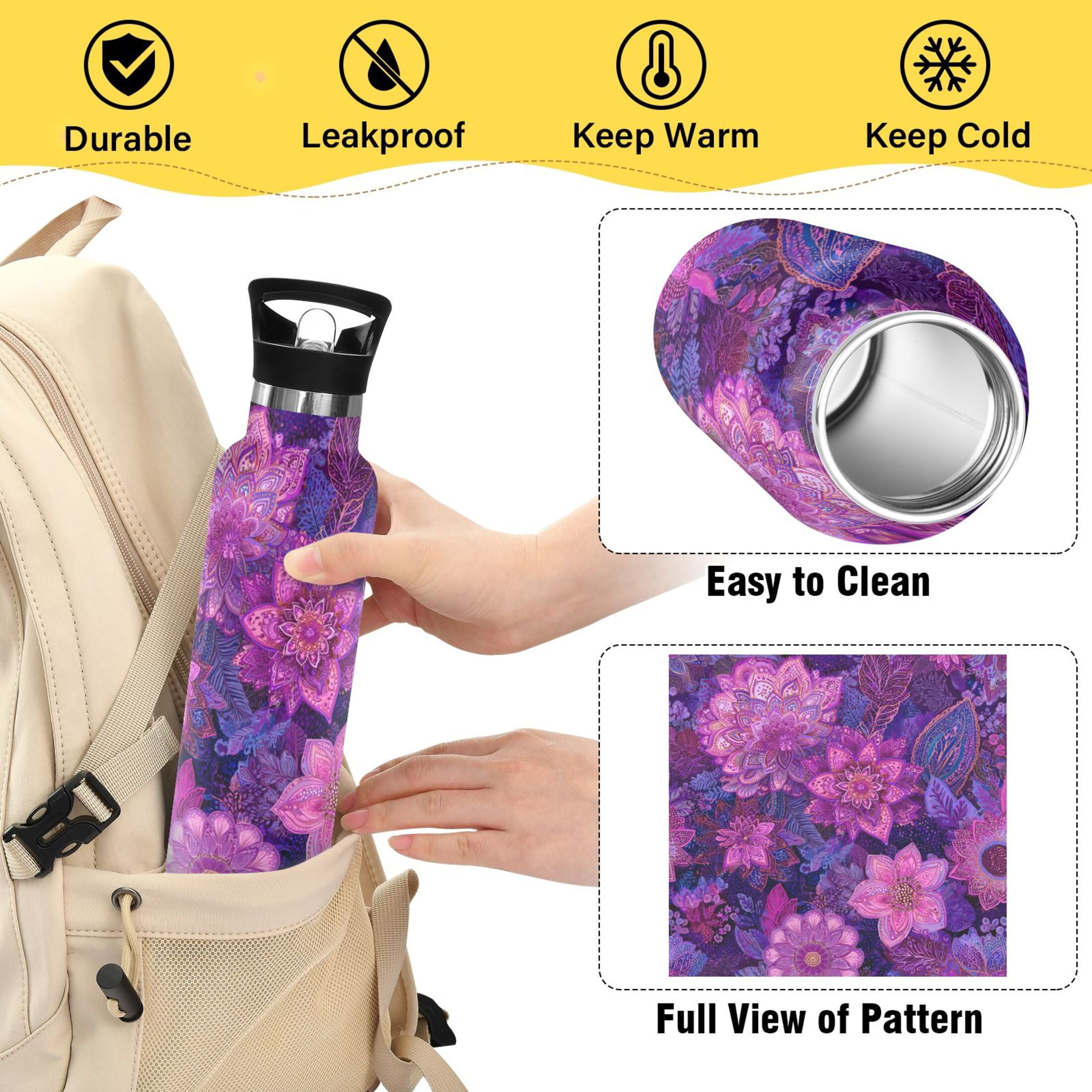 Kids Insulated Stainless Steel Sports Water Bottle 600ml (20oz) Lavender Bohemian Pattern