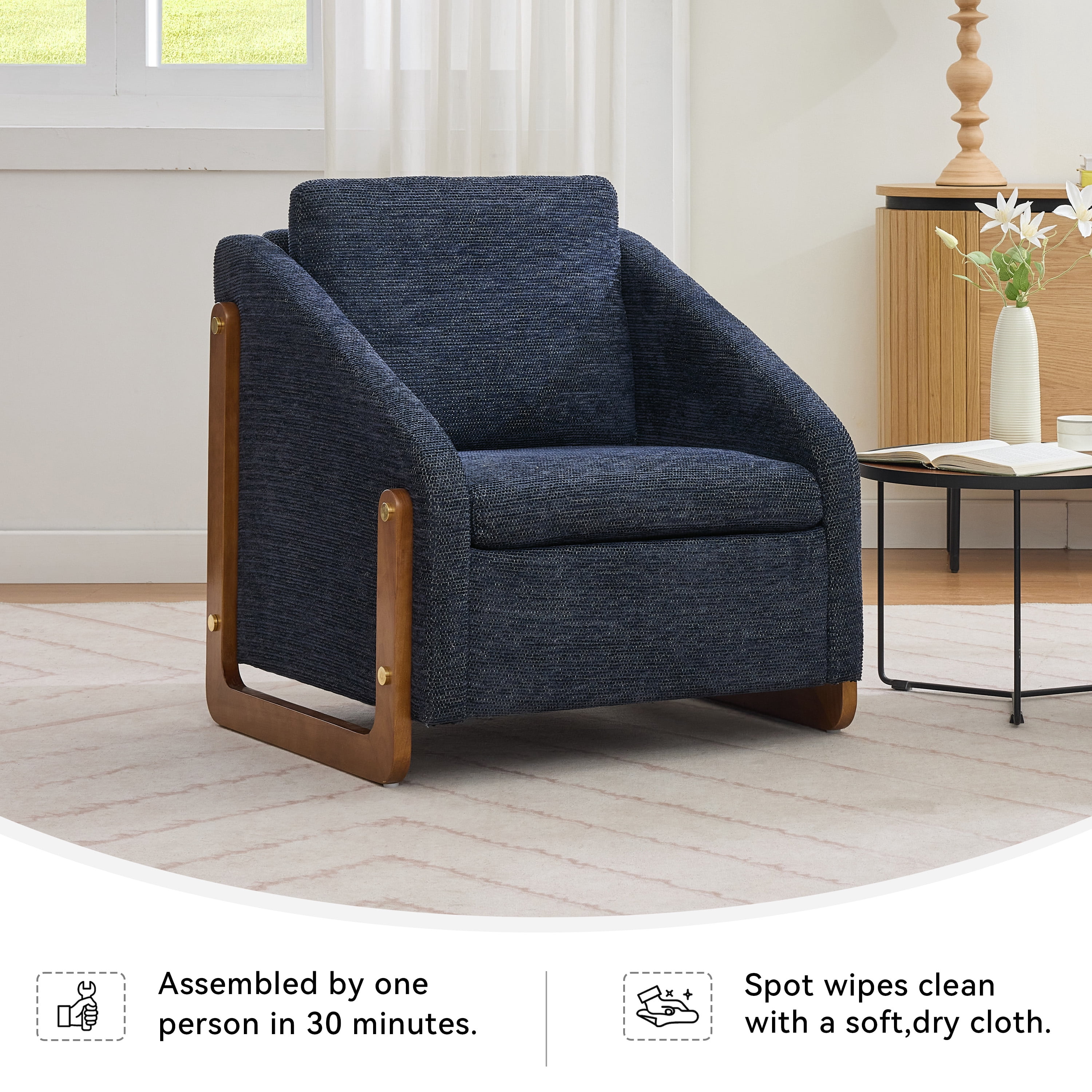 Aukfa Accent Chair, Plush Chenille Modern Arm Chair with Naihead Trim, Blue