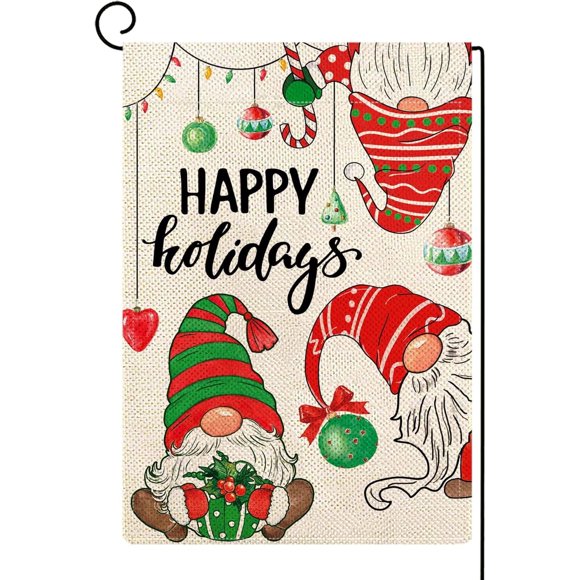 Christmas Gnome Garden Flag Happy Holidays Burlap Vertical Double Sided Christmas Ball Qrnaments Flag Xmas Farmhouse Seasonal Winter Holiday Yard Outdoor Decoration 12x18 Inch