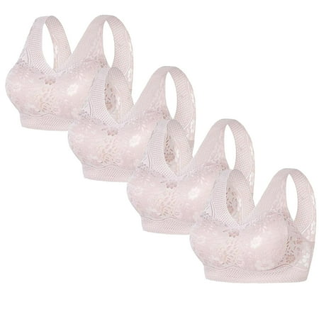 REORIAFEE Full Support Bras for Women 4 Pack No Wire Gathered Together Bras Seamless Brassiere Breathable Wide Strap Comfy Corset Underwear Classic Comfortable Support Lingerie Pink XXL