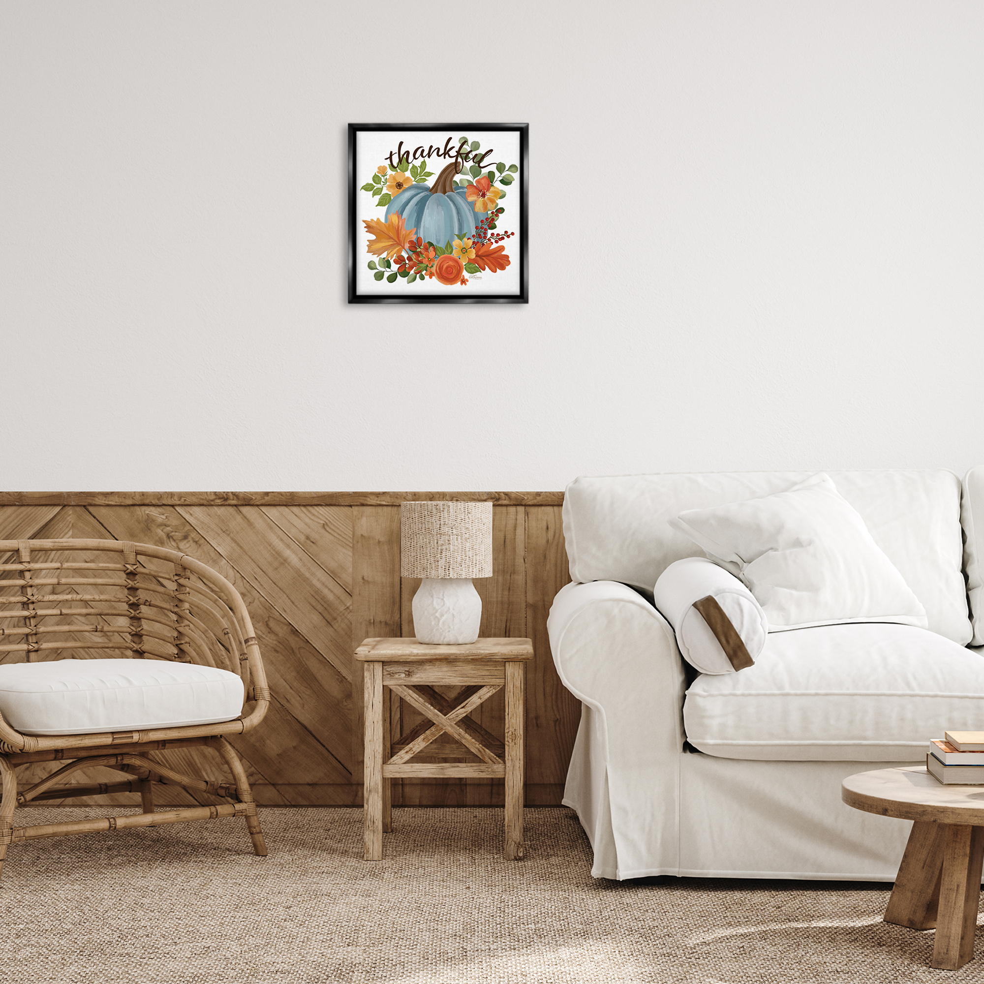 Stupell Industries Autumnal Thankful Pumpkin Holiday Painting Black Floater Framed Art Print Wall Art, 18 x 18