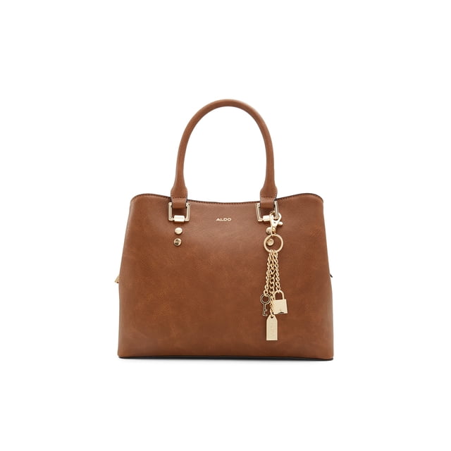 bolso de mano aldo legoirii para mujer, color marrón medio, sintético mediano tote con dos asas superiores y silueta rectangular; superficie sintética texturizada, logo ALDO dorado en la parte superior y colgante de cadenas con dijes dorados en el lateral; cierre superior, base plana y tamaño 10.9 x 4 x 8.5 pulgadas (largo x ancho x alto); ideal para el día a día y para llevar teléfono y cartera.