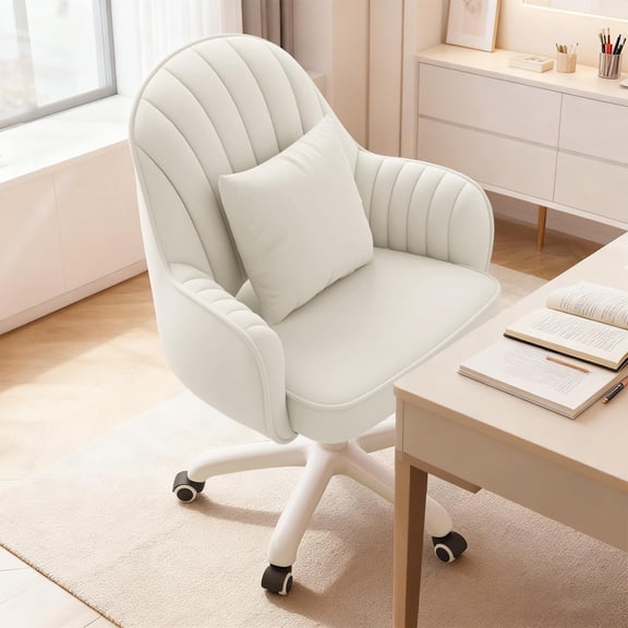 XUEGW Channel‑Tufted Velvet Desk Chair, Thick Cushion with Lumbar Pillow Silent Non‑Marking Casters for Makeup Work Daily Use, White