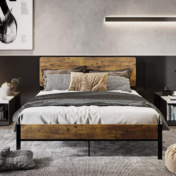 Industrial Full Bed Frame With Headboard Rustic Platform Heavy Duty Metal 12 6 Under Storage No Box Spring Required Easy Assembly Com Headboard Rustic Platform Bed Frame, Rustic King Bed With Storage Underneath