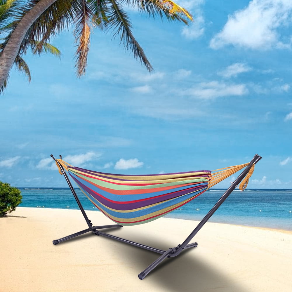 Portable Outdoor Polyester Hammock with Stand 250LBS Weight Capacity Colorful Hammock Set for Camping Beach Patio Backyard Indoor Use