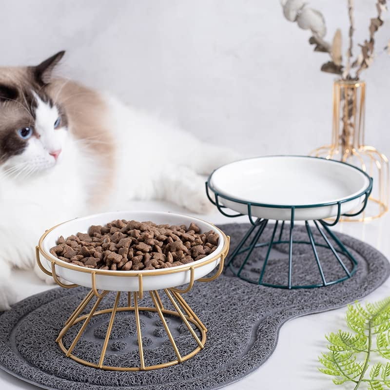 Whisker-Friendly Cat Plate, Elevated Bowl-Raised Bowl with Metal Stand, Food & Water Anti Vomiting Shallow Ceramic Dish for Cat and Small Dogs