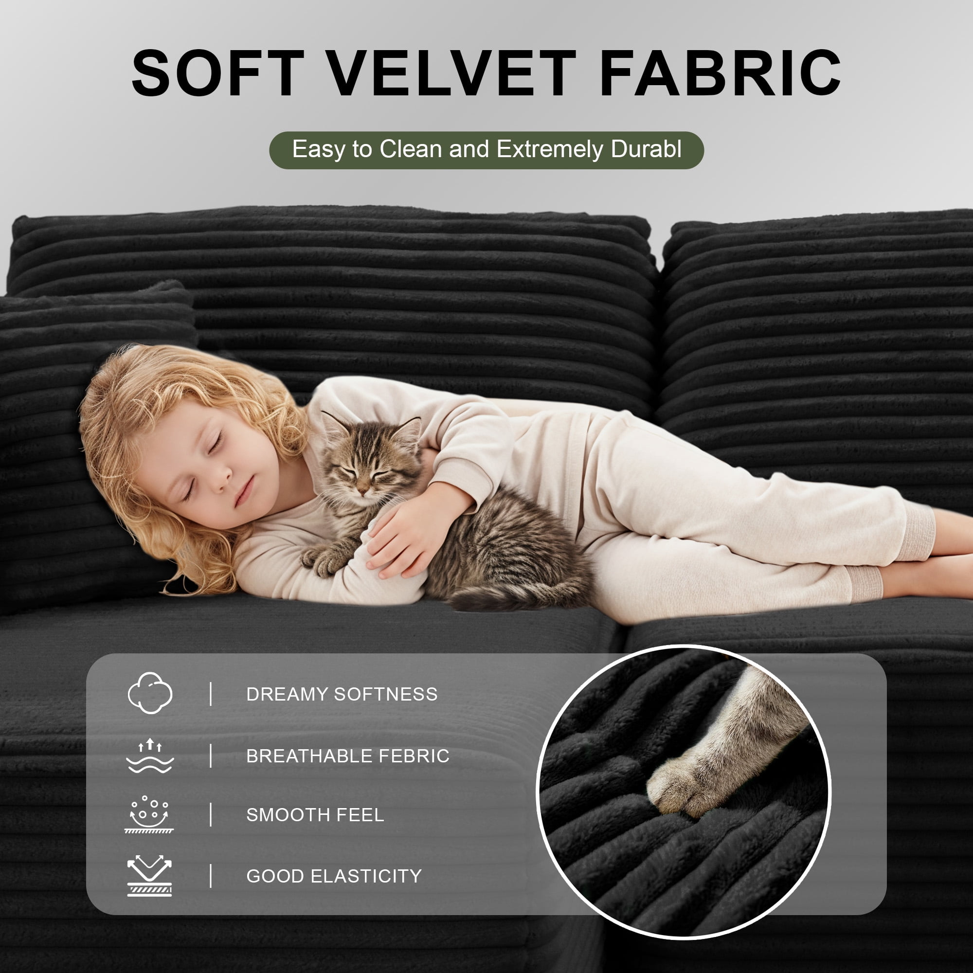 MAYEERTY Modern Corduroy Modular Sectional Sofa - Boneless Couch for Home, 104"W x 67"D Black