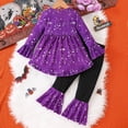 thumbnail image 5 of RUTAYY Girls Halloween 2 Piece Outfit Pumpkin Bat Print Long Sleeve Flare Hem Tunic Bow Flare Leggings Set Purple, 5 of 8