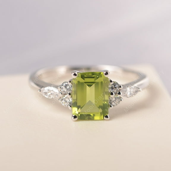 Real natural peridot ring sterling silver emerald cut green stone August birthstone wedding ring for women