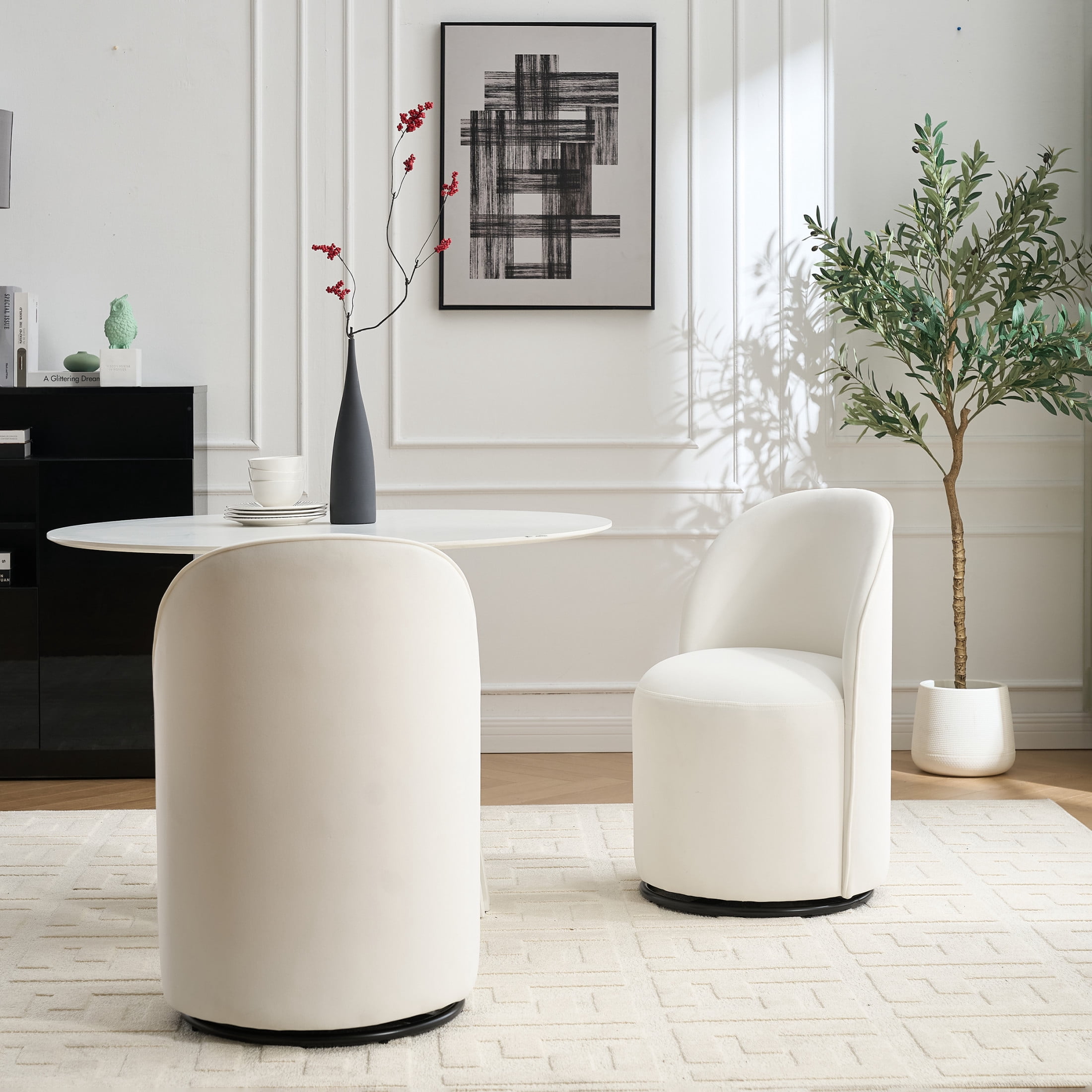Noble House Mid Century Modern Velvet Swivel Barrel Dining Chair, Set of 1, Cream