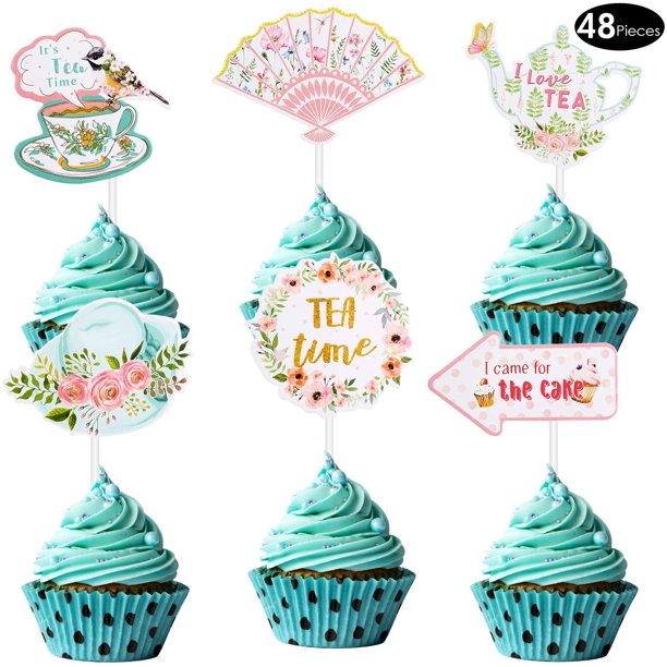 48 Pieces Tea Party Cupcake Toppers With Flower Bird Teapot Design Tea Party Cake Toppers Picks Kit For Tea Party Baby Shower Wedding Birthday Decorations Supplies 6 Styles Walmart Com