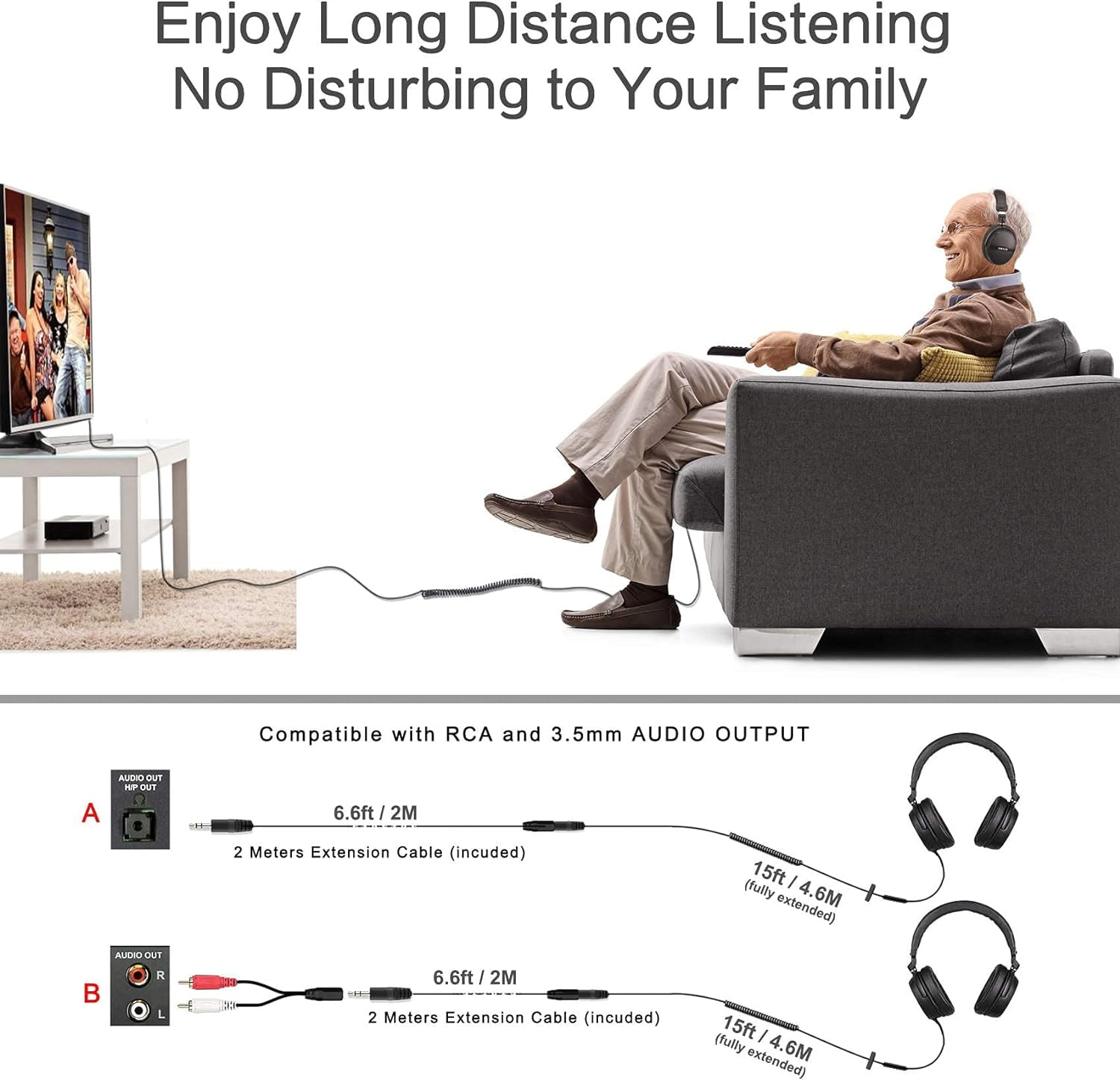 Simolio SM-906TV-W Over Ear Headphones With Extended Cable, Black