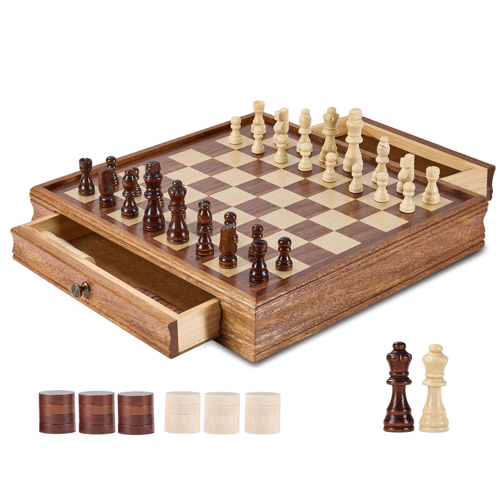 KFFKFF Chess Set Crafted from Solid Wood, 15 inch Dual-Function Chess and Checkers Game Set, Comes with Storage Drawer, Weighted Chess and Checkers Pieces, and Extra Queens