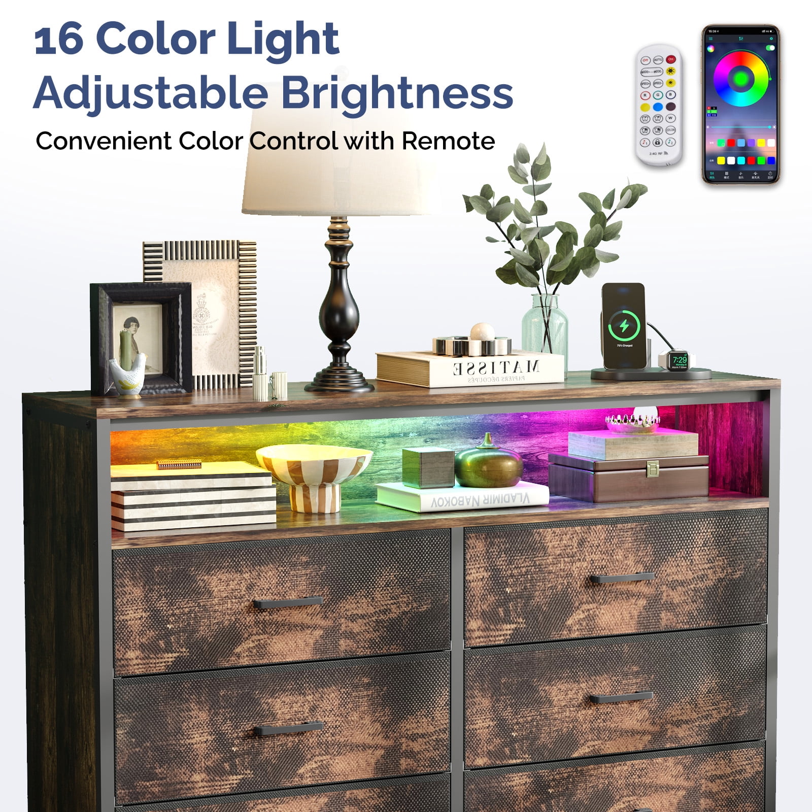 6-Drawer TV Cabinet with RGB Light Strip and Power Hub, 45 x 11.8 x 34.3 in, Rotten Wood