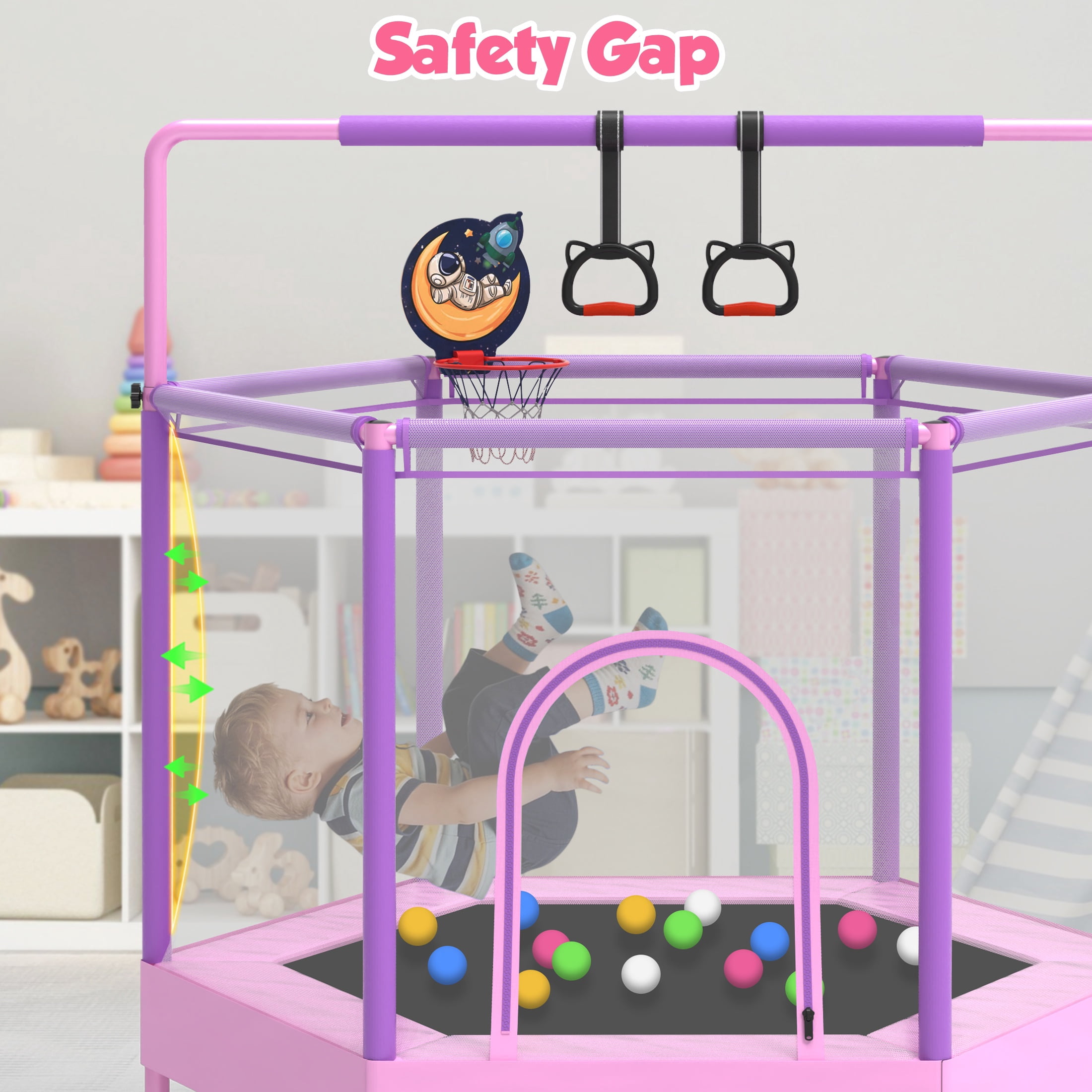 60" Mini Trampoline for Kids with Basketball Hoop, Indoor/Outdoor Toddler Trampoline with Safety Enclosure, Segmart Kids Trampoline with Adjustable Gymnastics Bars, Ring, Ocean Balls