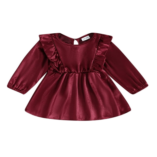 PENGXIANG Toddler Velvet Dress with Ruffle Long Sleeve and Neck for Baby Girl