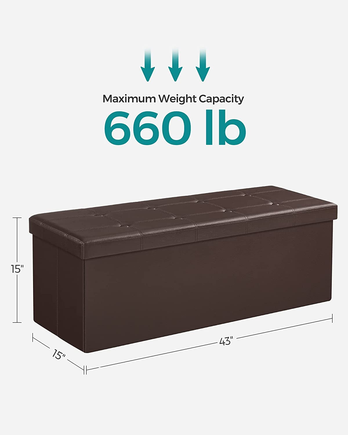 SONGMICS 43" Storage Ottoman Bench Folding Leather Ottoman with Storage Footrest Holds 660lb for Bedroom Brown