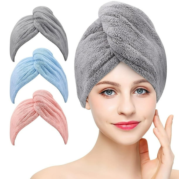 Paquete de 3 toallas de microfibra para el cabello, turbante súper absorbente para mujeres, gorros para el cabello con botones, cabello largo y grueso, antiencrespamiento (gris+rosa+azul)