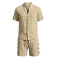thumbnail image 4 of JAJAHO Mens Linen Shirt And Shorts Set Summer Short Sleeve Casual Breathable Comfortable Solid Color V Neck Shirts For Business Travel 2 Piece Cozy Outfit, 4 of 5