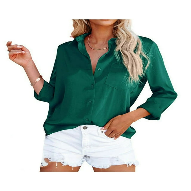 Women Button Down Satin Shirts Long Sleeve Lapel Solid Color Relaxed Fit Office Work Blouse