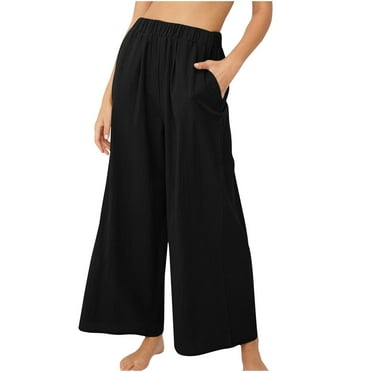KINPLE Women's High Elastic Waist Solid Pants Wide Leg Loose Fit Casual Trousers