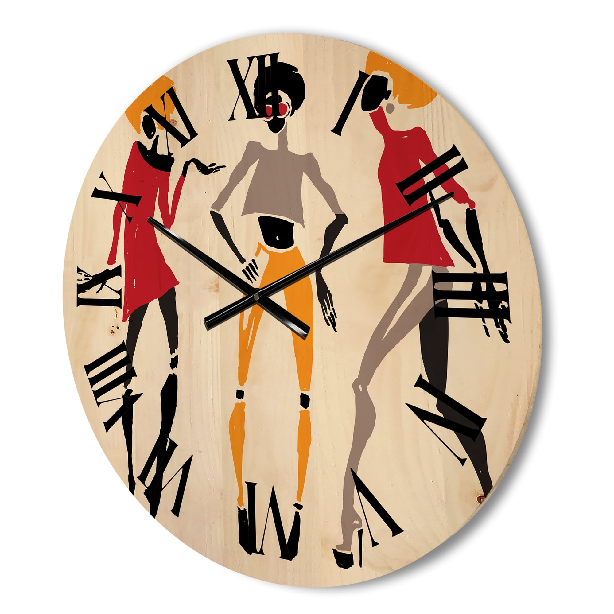 Designart 'African American Women Silhouettes Red and Yellow I' Modern Wood Wall Clock