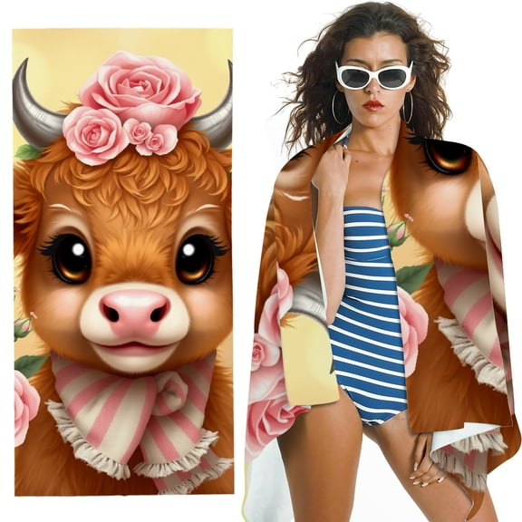 RKSupls Rose Cow Microfiber Beach Towel, Extra Large Quick Dry Lightweight Absorbent Towel for Travel Swimming Camping, Soft Super Absorbent- 30x60 in