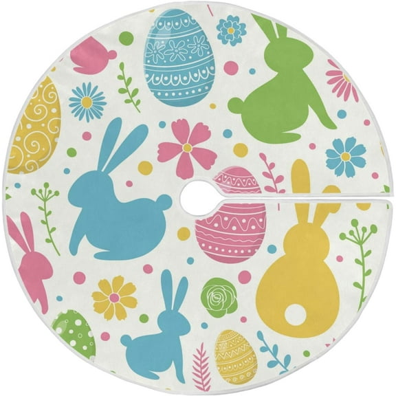 Easter Eggs Bunny Tree Skirt 48 in Rabbits Peeps Egg Christmas Tree Skirt Floral Flowers Xmas Tree Skirts Stand Mat Easter Holiday Party Garden for Indoor Outdoor Home Office Ornaments