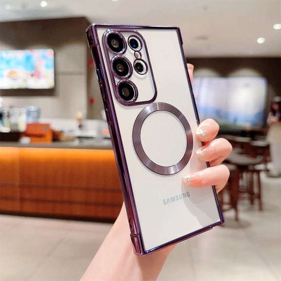 Luxury Magnetic Case For Samsung Galaxy S25 Ultra, Electroplated Clear Slim Cover with Built-in Full Camera Lens Protection Compatible with MagSafe Charger Shockproof Rubber Back Case,Darkpurple
