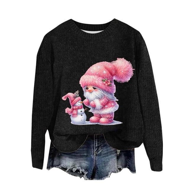 HOWPAY Chandails de Noël pour Femmes Style Noël Imprimé Blouse Décontractée Col Rond Manches Longues Chandail Confortable Vacances Ample Léger Tenues d'Automne Noir TTG