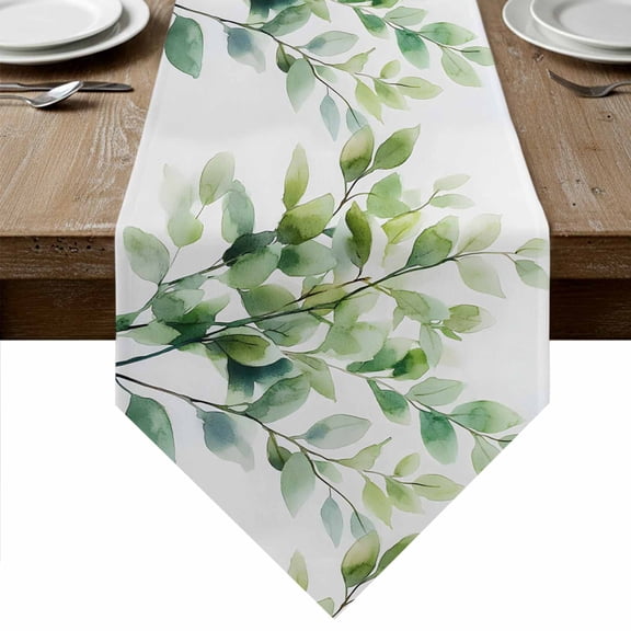 Spring Leaves Table Runner Linen Burlap Table Runner 48 Inches Long Simple Farmhouse Green Botanical Leaf Dresser Scarves for Kitchen Island Coffee Dining Party Wedding Banquet Holiday Decor 13"x48"