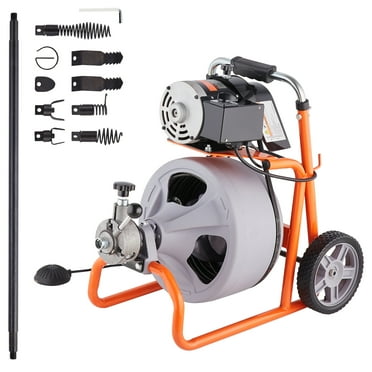KFFKFF Sewer Snake Auger, 100FT x 3/8 Inch with Auto Feed, Mounted on Wheels, Includes 8 Cutters & Foot-operated Air Switch, Ideal for Clearing 2"-4" Pipes