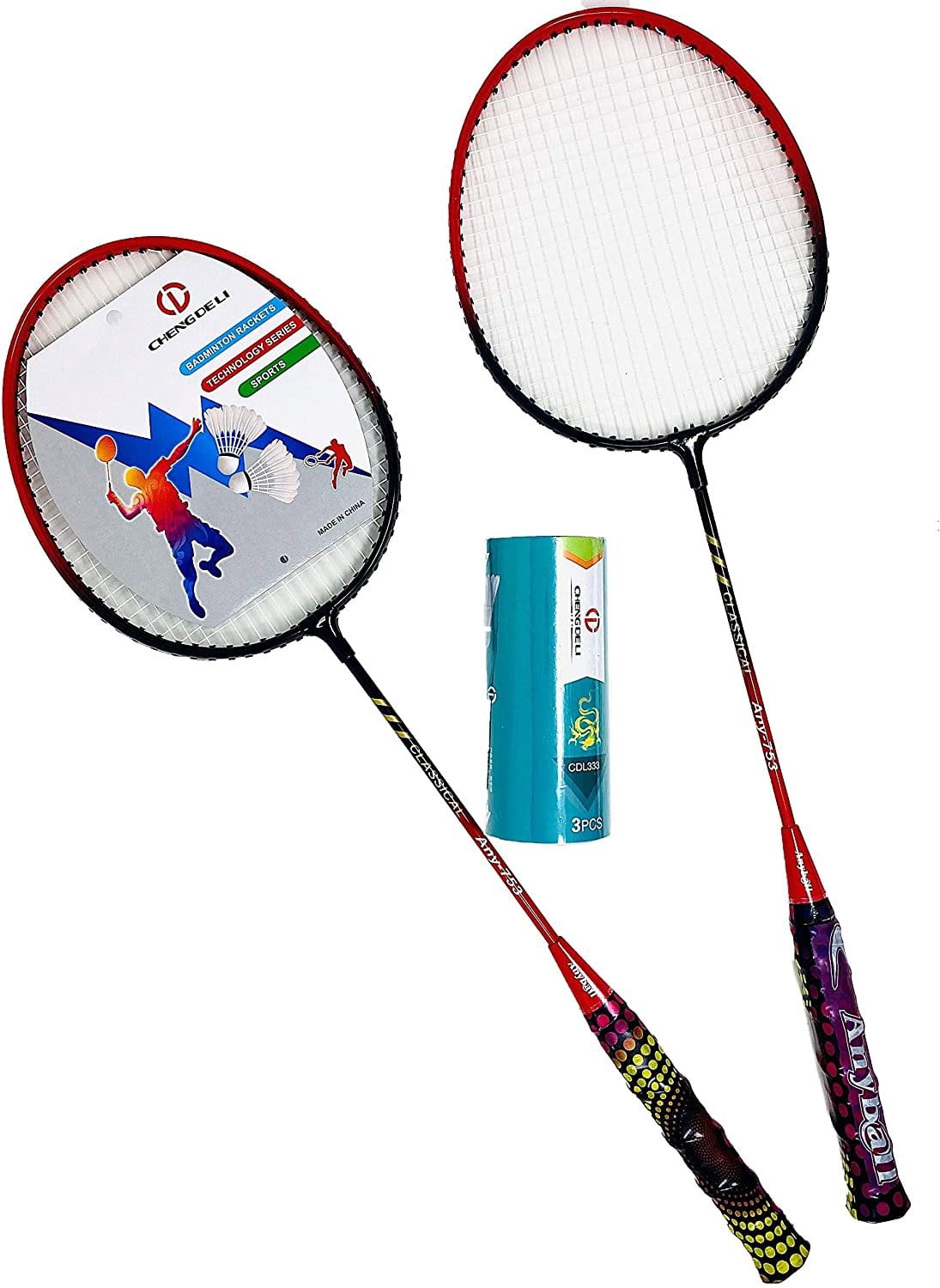 TJ Global Badminton Racquet Set, Pair of 2 Rackets with 3 Shuttlecocks and Carrying Bag Included, for Professional & Beginner Players, Lightweight Carbon Fiber (Orange)